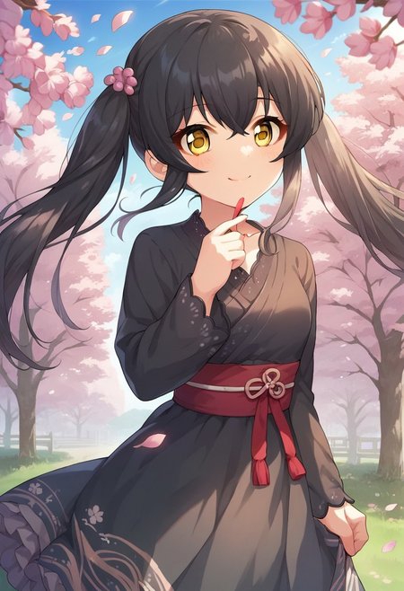 score_9, score_8_up, score_7_up, source_anime,matoba risa, long hair, black hair, yellow eyes, twintails, 1girl, solo, outdoors, cherry blossoms, smile, blush, tree, petals, dress, day