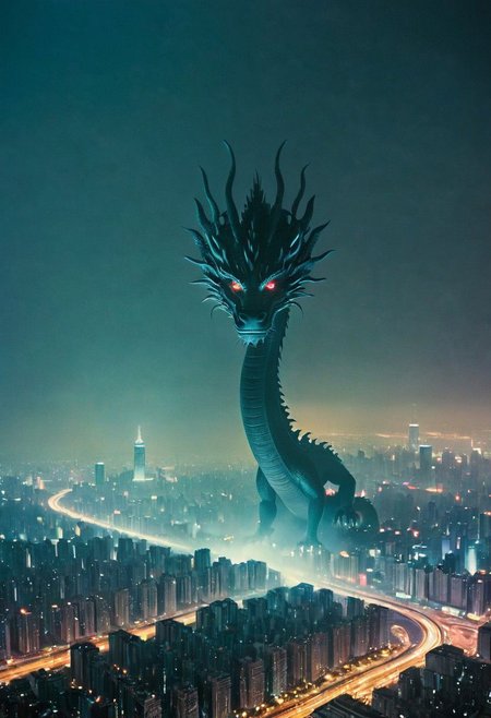 eastern dragon by franco fontana, Blade Runner Style, Capture the awe-inspiring sight of a colossal, mystical Chinese eastern dragon weaving through a labyrinth of a dystopian mega city skyline, its luminous, semi-transparent form illuminated against the night sky. 
atmospheric haze, Film grain, cinematic film still, shallow depth of field, highly detailed, high budget, cinemascope, moody, epic, OverallDetail, gorgeous, 2000s vintage RAW photo, photorealistic, candid camera, color graded cinematic, eye catchlights, atmospheric lighting, skin pores, imperfections, natural, shallow dof