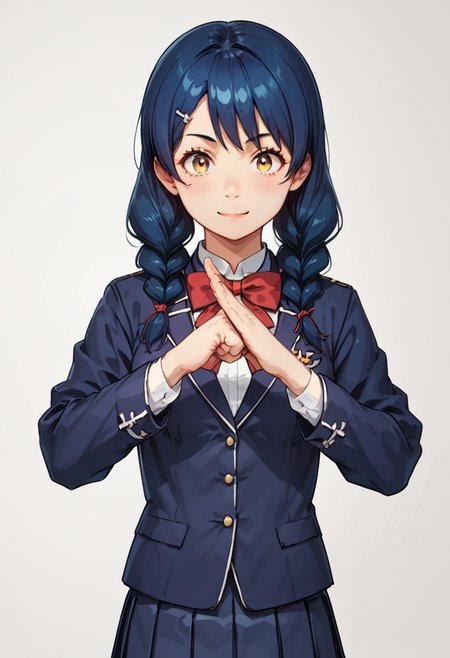 (tadokoro megumi),
score_9, score_8_up, score_7_up,masterpiece, best quality, ultra detailed,  
A picture of a girl, solo, fist-palm salute, fist and palm folded in front, hands together, the girl is wearing a school uniform, dark blue jacket, red bow, dark blue pleated skirt, light smile, 
A Japanese 1girl has blue hair which was bound into twin braids, yellow eyes and brown pupils, round face, (tender and slender:1.21) body with medium breasts,  , <lora:TadokoroMegumi_Pony_r1:1>,<lora:fist-palm_salute_Pony:0.8>