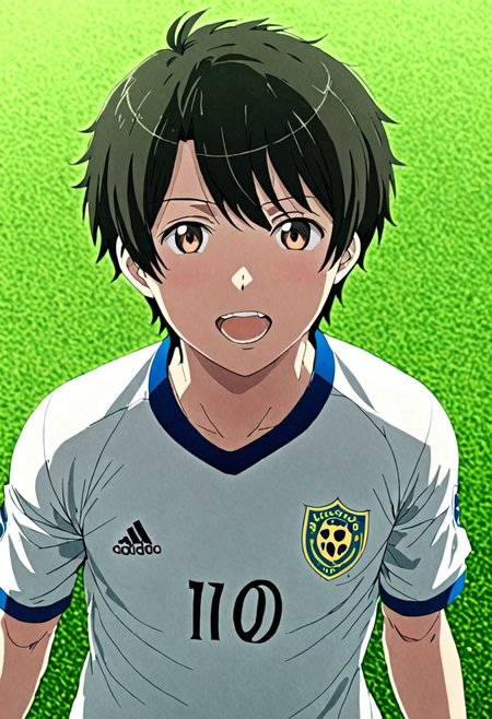 high resolution, solo, best quality, 1Boy, Inaho Kaizuka, Black Hair, soccer player, field, portrait, sport photography, celebration, OverallDetail