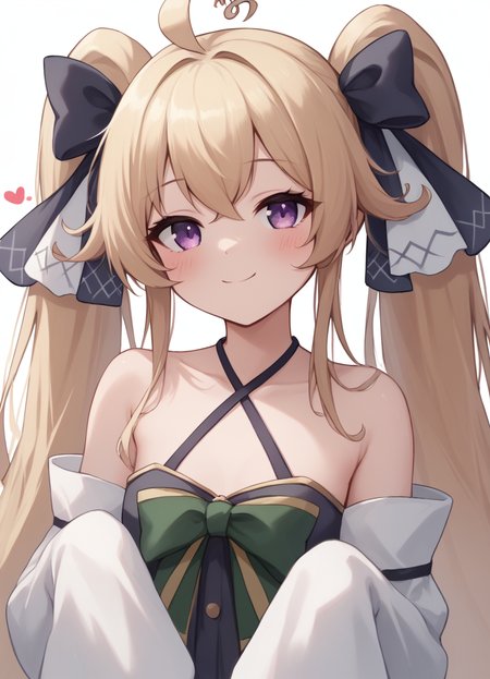 score_9, score_8_up,
1girl, solo, long hair, looking at viewer, blush, smile, blonde hair, white background, bow, ribbon, bare shoulders, twintails, closed mouth, purple eyes, hair ribbon, upper body, ahoge, heart, sleeves past wrists,
<lora:attilioXL:1>