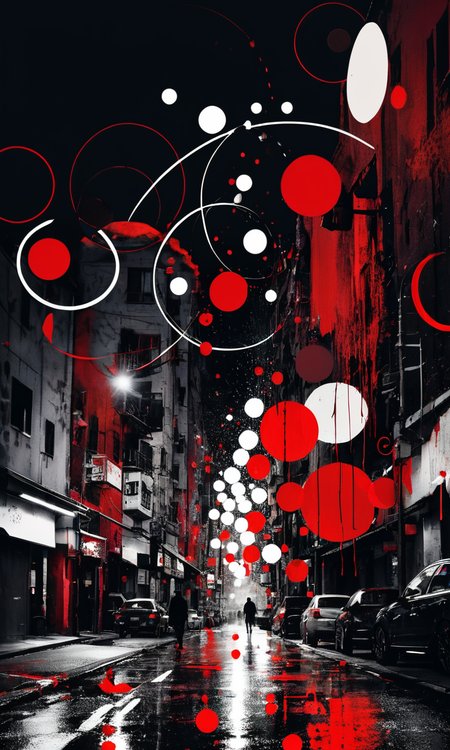4n1v3rs3, zPDXLrl, Japanese (city silhouette), abstract white, red, and black artwork in the style of Kandinsky with circles and dots against a dark background with dark tones, red highlights, and red paint splashes framed against a dark white background in a graffiti style on a dark red background, SimplePositiveXLv2, <lora:add-detail-xl:2>