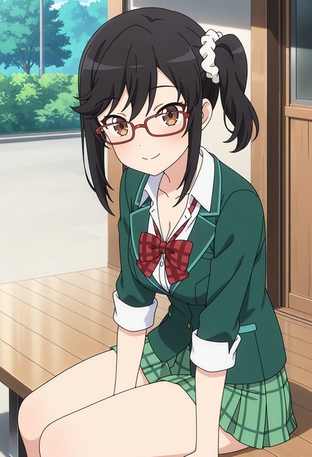 masterpiece, best quality, high resolution, source_anime, highly detailed illustration, detailed eyes,
very aesthetic, absurdres, newest, amazing quality,
1girl, solo, anime screencap,
<lora:shiIchijouHotaruV1ill:1>, shihotaruswim,black hair,brown eyes, cleavage, medium breasts, collarbone, hair bun, side ponytail, 
looking at viewer, smile, green skirt, pleated skirt, plaid bowtie, blazer, white shirt,  collared shirt, red-framed eyewear, school uniform,
outdoors, glasses, side ponytail, white scrunchie, red bowtie, hair scrunchie, sleeves rolled up, thighs, sitting,