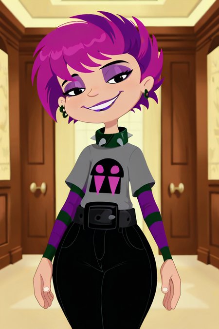 masterpiece, best quality, amazing quality, very aesthetic, absurdres, newest, solo,Ophelia_RamírezZYN, solo, 1girl, black eyes, eyeshadow, short hair, purple-pink hair, multicolored hair, purple lips, makeup, earrings, spikes, collar, spiked collar, jewelry, pants, shirt, short over long sleeves, layered sleeves, striped sleeves, belt, cowboy shot, looking at viewer, beautiful, ((beautiful face, beautiful eyes)), Wide Hips, Big thighs, standing,(smile, indoors, elegant room, looking_at_down, solo, full_body, head tilt,), Shadman_Style