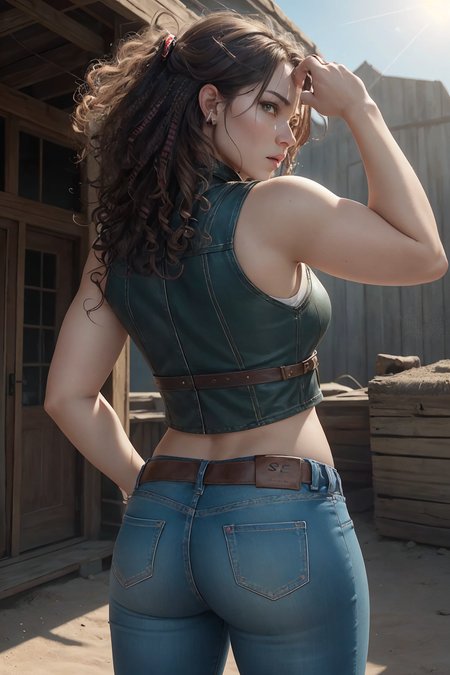 highres, masterpiece, perfect lighting, bloom, (RSEEmma:1.5), A captivating portrait of a female gunslinger, her gun raised and ready, emanating a sense of authority and prowess. Picture her with a determined expression, her steely gaze fixed on her target. Her sun-kissed complexion speaks of countless hours spent under the unforgiving sun of the frontier. Visualize her with flowing, chestnut hair cascading down her back, framing her face with rebellious curls. Her eyes, a piercing shade of emerald green, sparkle with a mixture of intensity and confidence. Dressed in rugged Western attire, she wears a weathered leather vest adorned with bullet casings, complemented by faded jeans and sturdy boots. Capture her in a powerful pose, showcasing her strength and skill as she brandishes her gun with a firm grip. Set against the backdrop of a sunlit desert or a rustic western town, utilize a medium telephoto lens to highlight her physical attributes and emphasize her role as a formidable female gunslinger., <lora:RSERomantic_RSESofiko_RSEEmma-v1:0.3>, <lora:breastinclassBetter:0.2>,