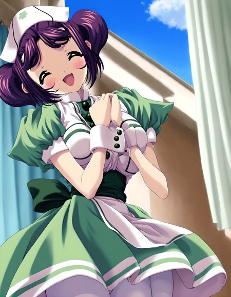 <lora:pony_xl_maria>,maria,best quality,masterpiece,super fine illustration,1girl,solo,nurse cap,nurse,green dress,apron,wrist cuffs,white pantyhose,laughing,nature,day,blue sky,plateau,cowboy_shot,standing,hands_on_own_chest,looking_back,