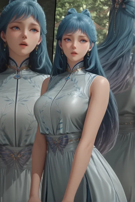<lora:Wang_Donger:1.2>, wangdonger, woman, 1girl, girl open mouth, girl blush, girl blue eyes,  girl blue hair, girl long hair,  s2 dress, very detailed face, mature woman, beautiful skin, (fair skin:1.5) , detailed eyes, large breasts, slender, curvy, bare shoulders, bare neck,  , ultra detailed, high resolution, best quality, realistic anime style, perfect face, face focus,  girl jewelry, girl earrings, upper body, 
 cowboy shot,  day, outdoor, sunny, sunlight, bright light, detailed background,  behind view, ass, front view, multiple views,