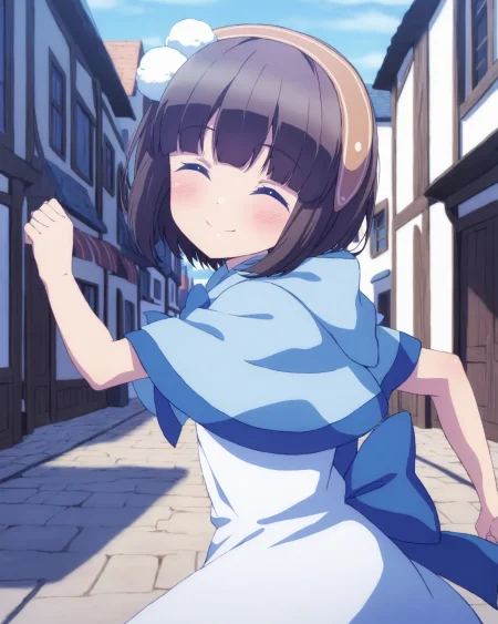 <lora:pochi_ill_v10:0.8>  pochi, 1girl, solo, closed eyes, smile, back bow, bow, capelet, blue capelet, running,  blue bow,  closed mouth, dress, hair ornament, facing viewer, ^_^, blush, pom pom (clothes), large bow, upper body, hairband, town, from side