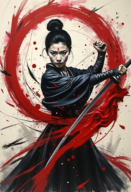 Create an abstract b&w ink painting: A dynamic painting of a woman wielding a sword. The woman is dressed in traditional white clothing with hair tied in a knot, her beautiful face covers in shadow. The scene captures the motion of the sword with bold red and black brushstrokes, creating a dramatic effect. The background is bright, contrasting with the dark and red colors of the figure and brushstrokes. Red splatters and lines add an intense and energetic atmosphere. The painting features a mix of expressionism and abstract art, with symbolic representation of strength and movement. Influences of traditional Japanese art and culture are evident in a dezent monochromatic scheme, primarily with shades of black, white, and red.