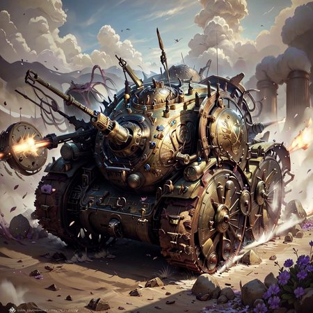 <lora:bronzepunkai2:.9> bronzepunkai battle tank on battlefield