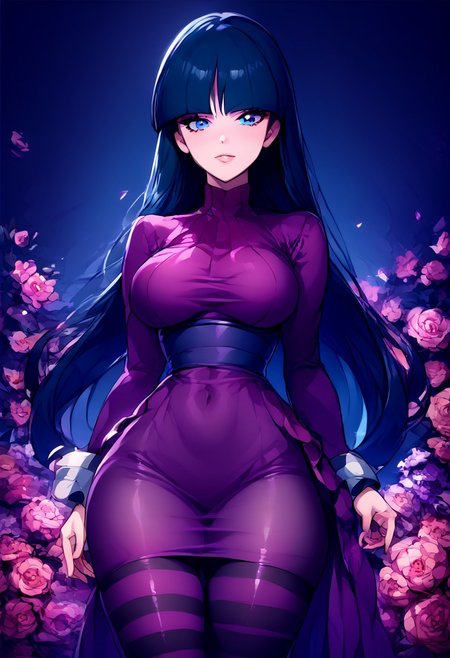 score_9, score_8_up, score_7_up, score_6_up, score_5_up, just describe what you want, tag1, tag2, source_cartoon, rating_suggestive, pokémon, (pokemonsabrina, black hair, long hair, bangs, blunt bangs, dark blue eyes, hime cut, sidelocks, 1girl, beautiful, big breasts, big butt, charming, elegant, female, graceful, (hands, five fingers), long legs, looking at you, perfect legs, sexy, solo, tall, thick thighs, voluptuous, wide hips), (zzLFashion, frilled dress, frills, bow, purple dress, cleavage, pantyhose, striped thighhighs), (standing, posing), (floral background), Vivid, (zPDXL)