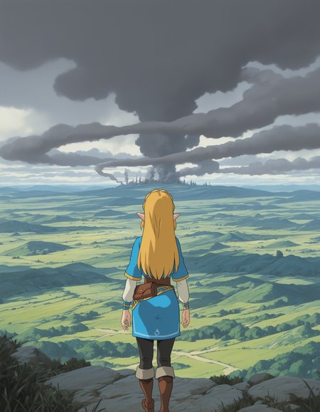 1girl, studio_ghibli, princess zelda, blue tunic, from behind, landscape, smoke, masterpiece, best quality, amazing detail, high definition