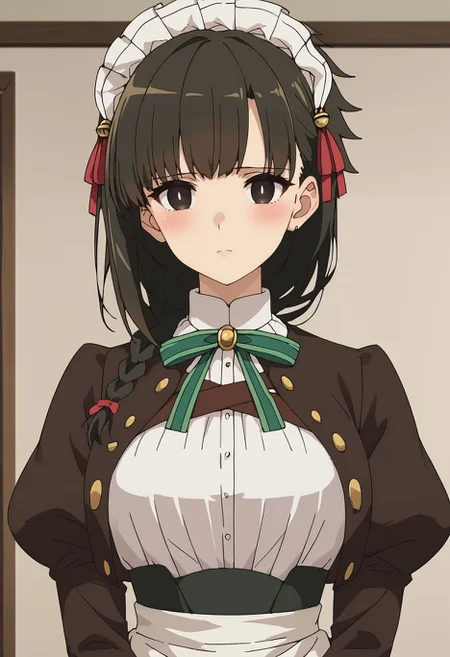 score_9,score_8_up,score_7_up, <lora:yuki_yokoya_pdxl_goofy:1>yuki yokoya, 1girl, green ribbon, looking at viewer, maid headdress, long sleeves, waist apron, red ribbon, puffy sleeves, juliet sleeves, black jacket, upper body, neck ribbon, white shirt, closed mouth, hair ribbon, white apron, breasts, bright pupils, indoors, blush, bow, cropped jacket, white pupils