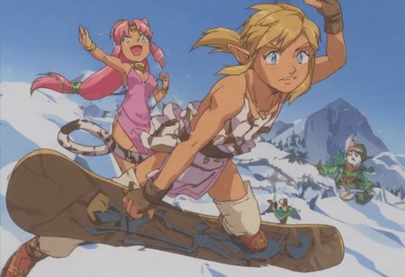 Pink_DragonPink, 1girl, sleeveless dress, white tiger print dress, pelvic curtain, cleavage, cat bell necklace, white tiger tail, red sash, small breasts, leather shoes, masterpiece, very aesthetic, <lora:pink-illustrious:1>, 
Break
1boy,Anime screencap,link (zelda),blonde hair,blue eyes,pointy ears, low ponytail, sidelocks, wearing blue hyilian tunic,
Break
Peak of tall snowy mountain, standing in the snow, during a sunny day, pink and link snowboarding on hylian shields, snowboard, snowboards are shields, snowboarding down mountain, sharp decline, leaving a trail through the snow, jumping over viewer