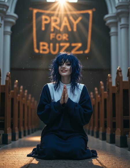 realistic photography,perfect lighting, portrait.
An outstanding photo of a FictionalOpal, alternative girl with messy navy blue hair. She is wearing a nun costume and kneels in prayer, looking at viewer with a smile.
The atmosphere is somber yet punctuated by shafts of golden light with dust particles. View from above, In a gothic church. Large banner behind with the words PRAY FOR BUZZ