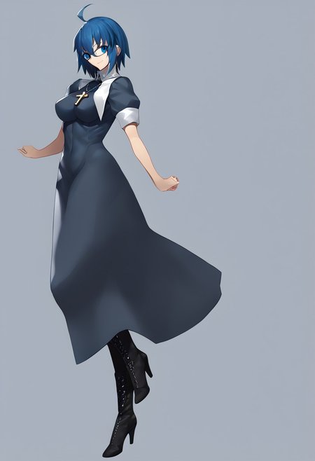 score_9, score_8_up, score_7_up, score_6_up, score_5_up, score_4_up, source_anime, 2girl, 
ciel, ciel \(tsukihime\), ahoge, black dress, black footwear, blue-framed eyewear, blue eyes, blue hair, boots, breasts, cross, cross necklace, dress, glasses, habit, hair between eyes, high heel boots, high heels, jewelry, large breasts, latin cross, long hair, short sleeves, necklace, nun, smile, solo, 
masterpiece, best quality, very aesthetic, absurdres,