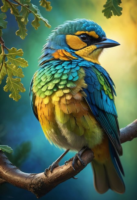 An extraordinary beautiful bird perches on a detailed branch of a oak tree. Its plumage dazzles in vibrant shades of blue and green and yellow. photography, Natural geographic photo, Hyper-realistic, 16k resolution, (masterpiece, award winning artwork), many details, extreme detailed, full of details, Wide range of colors, high Dynamic, ink painting, acrylic, cute animal, sunrise, 2d, flat, cute, adorable, vintage, art, fairytale, storybook detailed illustration, cinematic, ultra highly detailed, tiny details, beautiful details, mystical, luminism, vibrant colors, complex background, stunning, energy, molecular, textures, iridescent and luminescent scales, breathtaking beauty, pure perfection, divine presence, unforgettable, impressive, breathtaking beauty, volumetric light, auras, rays, vivid colors reflects, magnificent, celestial, ethereal, epic, magical, dreamy, chiaroscuro, atmospheric lighting