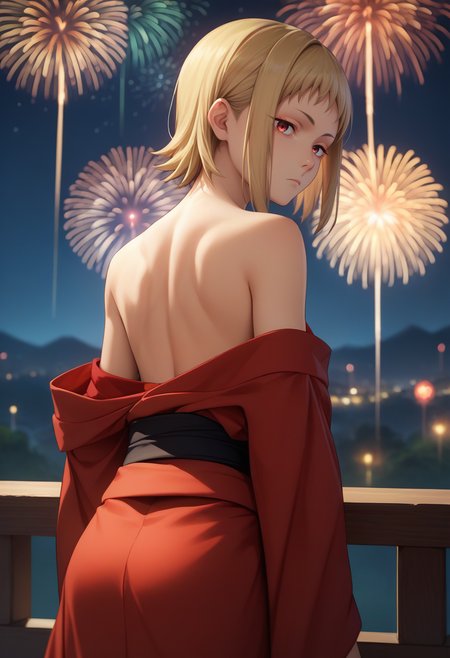 score_9, score_8_up, score_7_up, source_anime, from behind, solo, 1girl, sawatari akane, expressionless, looking back, red kimono, off shoulder, black sash, bare shoulders, fireworks <lora:csm_sawatari_ponyXL:1>