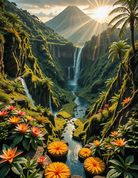 A breathtaking view of an ancient, dormant volcano now transformed into a lush, vibrant natural sanctuary. The crater is filled with dense tropical forests, colorful exotic flowers, cascading waterfalls, and mist swirling gently in the morning light. Vines and moss cover the dark volcanic rocks, and small streams wind down the slopes. while rays of sunlight pierce through the dense canopy, creating sparkling reflections on the water. The atmosphere feels peaceful, enchanted, and untouched by humans. The scene is depicted in an ultra-detailed, hyper-realistic style, with warm, soft lighting and rich, saturated colors that enhance the magical and serene mood of the landscape.
<lora:SDXLFaeTastic2400:0.4> <lora:extremely_detailed:0.4> extremely detailed,dormant v0lc4n0, <lora:dormant_v0lc4n0-i:1>, Masterpiece,best quality,hi res,8k,hi res,8k,award winning,(sharp focus, intricate, highly detailed),