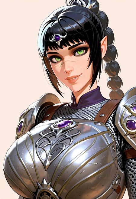 masterpiece,best quality,amazing quality, absurdres, <lora:shadowheart_bg3_ilxl_goofy:1> shadowheart \(baldur's gate\), 1girl, black hair, braid, breasts, elf, detailed eyes, green eyes, large breasts, detailed lips, glossy lips, long hair, looking at viewer, multi-tied hair, pointy ears,scar on face,  simple background, smile, solo, body armor, shoulder pads, ,breastplate, chainmail,
