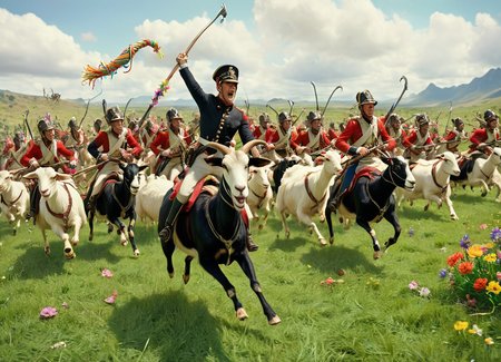 cinematic movie scene, a military battle with cavalry men on goats charging across a lush green landscape with green grass and colorful flowers, holding pool noodles
 <lora:Napoleonic_Battle_SDXL:0.8>