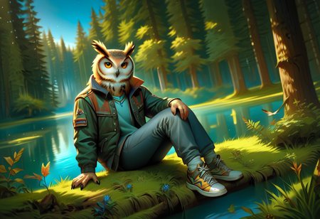 score_9, score_8_up, score_7_up, score_6_up, score_5_up, score_4_up, high quality, hires, (high quality, highres, masterpiece) (high quality, highres, masterpiece), (masterpiece,high quality,8k), forest, blue sky, lake, trees, grass, score_9, source_anime, 1boy, solo, full body, 1boy, ((solo)), male, owl, jacket, pants, sneakers, socks, dynamic angle, sitting, hand on knee, Uta hiza, relaxing, blowing leaves,
