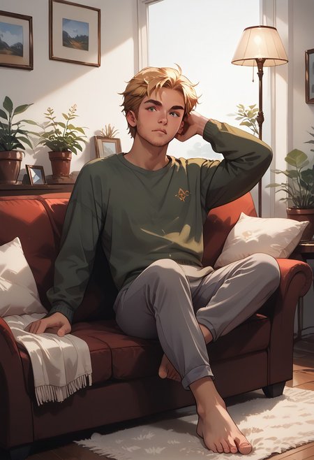score_9, score_8_up, score_7_up, score_6_up, masterpiece, best quality, detailed eyes, detailed face. A handsome blonde man with short hair wearing a green t-shirt and gray sweatpants, barefoot, is seated on a brown leather sofa, lounging and resting his legs on a glass coffee table situated in front of the sofa. Putting one hand behind his head. A large white rug beneath the table. A painting hangs on the wall above the sofa, next to a table lamp. A potted plant on the glass coffee table. Panoramic half-curtained window on the left. White walls and laminate flooring make up the expensive, bright living room, beautiful detailed interior