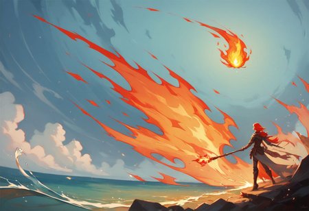 score_9, score_8_up, score_8_up, powerful female master standing at the center of a swirling vortex of all four elements; earth, air, water, fire. each element distinct yet harmoniously blending together.
