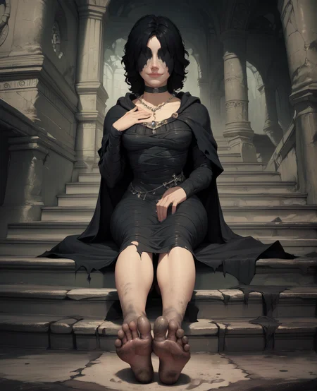 score_9,score_8_up,score_7_up,
MidenInBlack,black hair,lips,waxed covered eyes,
choker,necklace,black dress,cape,long sleeves,
light smile,hand on own chest,
sitting,barefoot,dirty feet,feet focus,soles,
stairs,magical ruins,indoors,
<lora:MaidenInBlack135:0.9>,