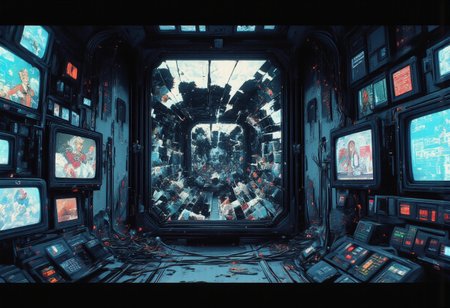 A dimly lit SCP containment chamber with cold metal walls enclosing a **cracked mirror in a black frame**. Its fractures shift unnaturally, as if alive. Around it, **monitors, measurement devices, and system units** are linked by tangled **thick cables**, snaking across the metallic floor. Some screens display **distorted alternate realities**, others show **erratic life-sign readings**, spiking as if detecting something unnatural.  
The mirror reflects **countless distorted versions** of the same person, each trapped in a **different fate**—**burning, drowning, falling into darkness**, or staring back in silent horror, covered in **scars that don’t exist in reality**. Some **smile knowingly**, others scream in agony, their voices lost. **Glitch-like distortions ripple through the air**, making reflections momentarily shift, as if trying to escape.  
The scene pulses with an **eerie glow**, monitors flickering with **cryptic warnings and unreadable data logs**. The deeper one stares, the more **realities unravel**, forming a **kaleidoscope of endless deaths and resurrections**. **Faint whispers of lost voices** echo in the distance: *"This is not immortality. This is a trap."*  
A **VHS-horror, glitch-art, SCP Foundation aesthetic**, with **grainy textures, chromatic aberrations, and digital artifacts**, as if captured from **classified SCP surveillance footage**,(ne0nfant4sy, In the style of ff-td)
