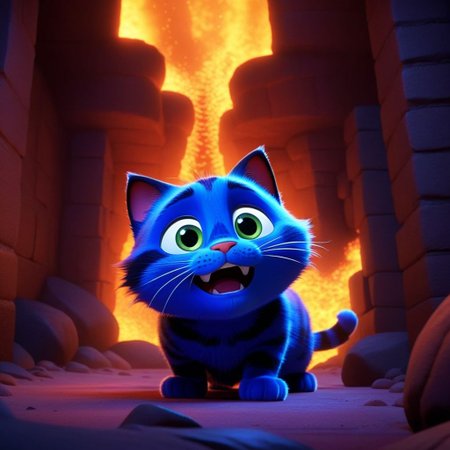A Pixar 3D render of a cat exploring hell, reminiscent of the animation in "Finding Nemo." The cat's facial expressions are adorable and endearing, perfectly synced with its movements. The scene is bright, with a hint of cartoonish exaggeration.