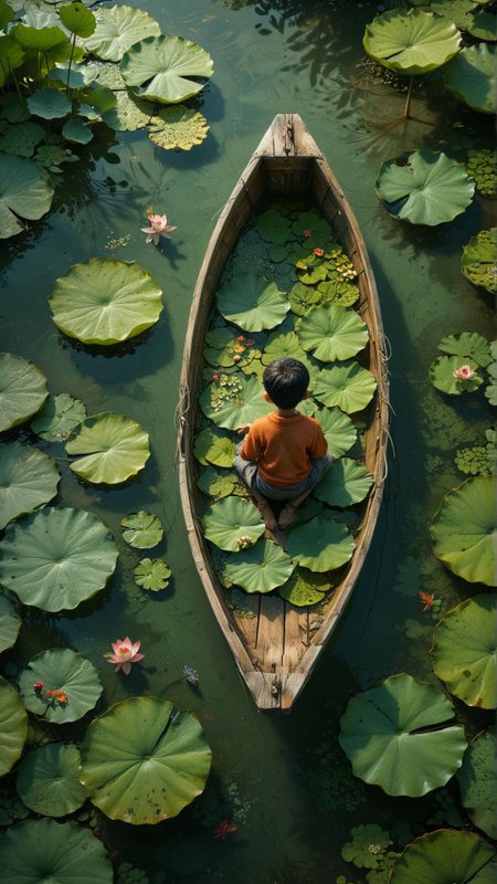 Tatsuro, top view, a small wooden boat floating in the pond, with lotus leaves and a few small fish swimming in the pond. A little boy is lying on the small wooden boat, with their back to us, It has a fresh and peaceful atmosphere, Graphic illustration 
award winning artwork,
many details, extreme detailed, full of details,
Wide range of colors., Dramatic,Dynamic,Cinematic,Sharp details
Insane quality. Insane resolution. Insane details. Masterpiece. 32k resolution.
 <lora:add-detail-xl:0.65> <lora:casting shadow style v2:0.1> casting shadow style, cucoloris patterned illumination <lora:CinematicStyle_v1:0.1> <lora:Disturbia:0.15> <lora:dvr-lnds-sdxl:0.1> dvr-lnds-sdxl <lora:MJ52:0.2> <lora:princess_xl_v2:0.1>  <lora:ral-dissolve:0.1> ral-dissolve <lora:ral-ertmsphr:0.1> ral-ertmsphr  <lora:ral-porcelain:0.3> ral-porcelain <lora:ral-pxlprtcl:0.31> ral-pxlprtcl  <lora:xl_more_art-full_v1:0.5>