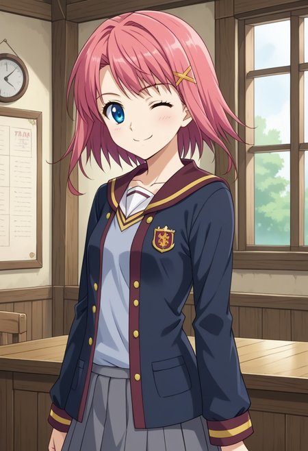1girl, solo, mitsurugi_asuka, pink hair, short hair, blue eyes, hairclip, gryffindor_style_clothes, hogwarts school uniform, smile, standing, wink, indoors, hall,