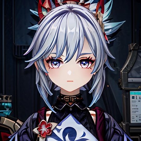 GenshinAvatar, (a girl with long light blue hair in a braided ponytail with a flower hairclip on it hair has split bangs, and blue eyes eyes,hydro character,hydro inazuma vison,wearing a blue kimono with a collar,outfit with blue charms and gems.:1.4), highly_detailed, illustration, portrait, (((masterpiece))),(((bestquality))), (black_background:1.4), simple_background, <lora:GenshinAvatarV2:1>