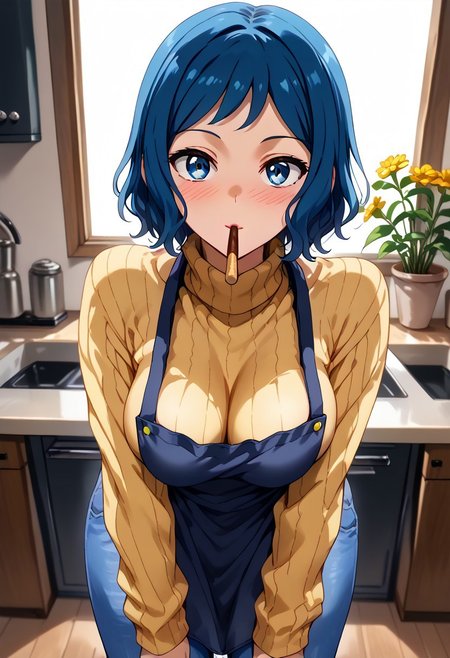 score_9, score_8_up, score_7_up, 
source_anime,zPDXL3,BLE,
BREAK 
1girl,
 iori rinko, blue hair, sidelocks, large breasts, 
blue eyes,
yellow sweater, ribbed sweater, sweater, turtleneck,
apron,
denim, jeans,
saggy breasts,
blush,expressionless,
BREAK 
soro,
pocky kiss, pov,
 leaning forward, 
kitchen,flower,sunlight,window,
extremely detailed , detailed background,
front view,
looking at viewer