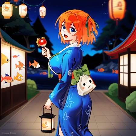 1girl, nakano yotsuba, huge breast, :d, bag, bagged fish, blue eyes, blue kimono, blurry, bow, candy, candy apple, cowboy shot, depth of field, fish, food, food stand, from side, goldfish, green ribbon, hair between eyes, hair ribbon, holding, holding bag, japanese clothes, kimono, lantern, long sleeves, looking at viewer, looking back, necktie, noodles, obi, open mouth, orange hair, outdoors, paper lantern, ribbon, sash, short hair, smile, solo, summer festival, tree, wide sleeves, yakisoba, yukata,