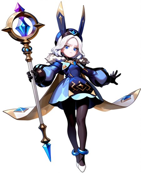 <lora:smashlegends:1> smashlegends,
(masterpiece), (best quality), (ultra-detailed), amazing quality, very aesthetic, illustration, perfect composition, intricate details, absurdres, incredibly absurdres, shiny skin, realistic,
 smashlegends, 1girl, solo, gloves, blue eyes, dress, , pantyhose, full body, black gloves, white hair, simple background, puffy long sleeves, white footwear, hat, long sleeves, looking at viewer, puffy sleeves, staff, white background, closed mouth, fur trim, black pantyhose,  staff, blue headwear, blue dress, crystal, outstretched arms, forehead, short hair, parted bangs, frown, anklet, gem, multicolored clothes, shoes, short dress, floating, general