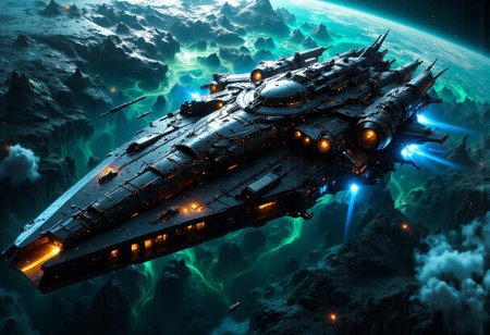 A colossal, awe-inspiring spaceship orbiting a vibrant alien planet, its sleek, angular hull gleaming with polished black panels that reflect the planet’s swirling emerald and amethyst storms. Massive thrusters glow with a fiery blue pulse, trailing faint wisps of energy, while intricate weapon arrays and towering spires jut from its surface, hinting at untold power. The planet below shimmers with bioluminescent oceans and jagged, crystalline continents, bathed in the light of a twin-star system casting dramatic shadows across the ship’s form. Cinematic scale, hyper-detailed textures, rich colors, and ethereal lighting create a sense of grandeur and mystery, A3ther