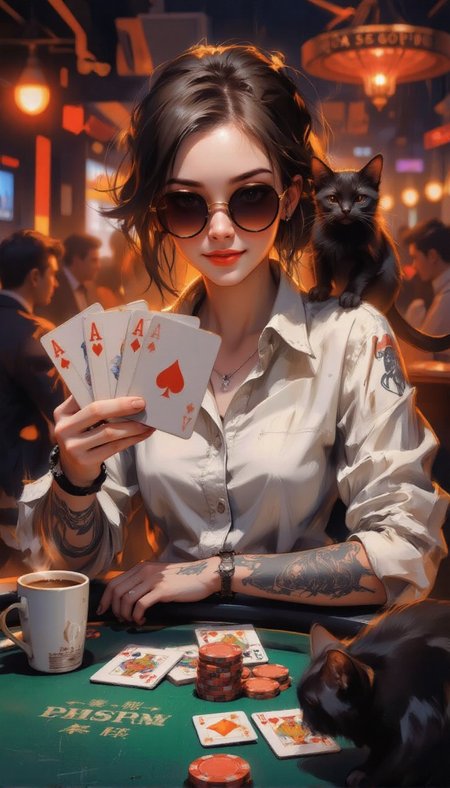 A stylish 20-year-old anime-style woman playing poker, her round sunglasses reflecting the warm casino lights. She wears a chic dress shirt with detailed tattoos on her arms. With a confident, almost mischievous smirk, she extends four ACE cards towards the viewer. The poker table is set with vibrant playing cards and neatly stacked chips. A steaming cup of coffee sits nearby, and a sleek black cat perches on the table, its tail curling around a chip stack. The scene is lively and expressive, with soft but dramatic lighting.