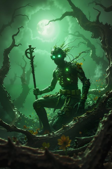 In a forest choked by thick smog and dying trees, a soldier in a green, bio-mechanical exoskeleton kneels among twisted, decaying roots. His armor is a fusion of metal and plant matter, with glowing emerald veins that pulse faintly, as if struggling to remain alive in the poisoned atmosphere. The trees around him, once towering giants, now crumble and rot, their leaves brown and brittle, while the sky above is veiled in a sickly green haze. His face is hidden beneath a helmet with a cracked visor, revealing only one glowing, jade-colored eye that scans the wasteland. In his hand, he holds a staff-like weapon made of both vine and steel, its tip flickering with the last remnants of energy from the world itself. All around, strange, mutated creatures limp through the underbrush, their skeletal frames barely holding together as the planet itself gasps its final breaths. Above, the sun is barely visible, reduced to a dim, dying ember that casts long shadows across the ravaged land. The scene is one of eerie stillness, where the warriorâs green armor is the last vibrant reminder of the life that once thrived here, now fading into oblivion.<lora:black_fantasy_1.0>