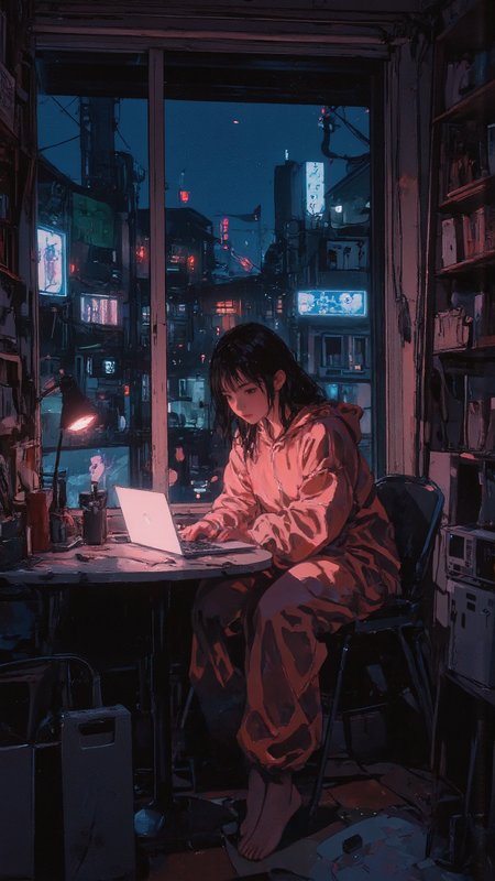 Anime-style illustration of a young woman sitting at a table by her apartment window at night, city lights glowing in the distance. She wears an oversized onesie, one knee pulled to her chest. The soft glow of her laptop screen casts gentle light on her face, while faint neon reflections shimmer on the glass. A quiet, peaceful moment in the city from behind. Soft anime aestheticsâwarm and cool light contrast, gentle highlights, cozy nighttime atmosphere <lora:ç»ªå¿_CGé£æ»¤éFLUX:0.6> <lora:illustration:0.8> <lora:Anime_v1.3:1.5>