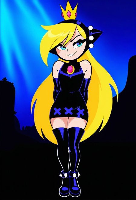 masterpiece, best quality, very aesthetic, absurdres,
outdoors,
full body, seductive smile, parted lips, long eyelashes,
 <lora:WaPeach_v01_NAIXL:1>
W4P34ch,1girl,solo,long hair,blonde hair,crown,blue eyes,bare shoulders,black dress,black elbow gloves,spiked bracelet,knee boots,W4P34ch,1girl,solo,long hair,blonde hair,crown,blue eyes,bare shoulders,dress,elbow gloves,spiked bracelet,thigh boots,