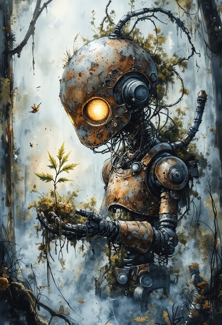 In the heart of a foggy, swamp-infested wasteland, a robot with corroded armor wades through the murky waters, its skeletal frame covered in moss and glowing fungi. Fireflies dance around its rusted limbs as it cradles a tiny, sprouting plant in its mechanical palm—a fragile hope in a world lost to decay