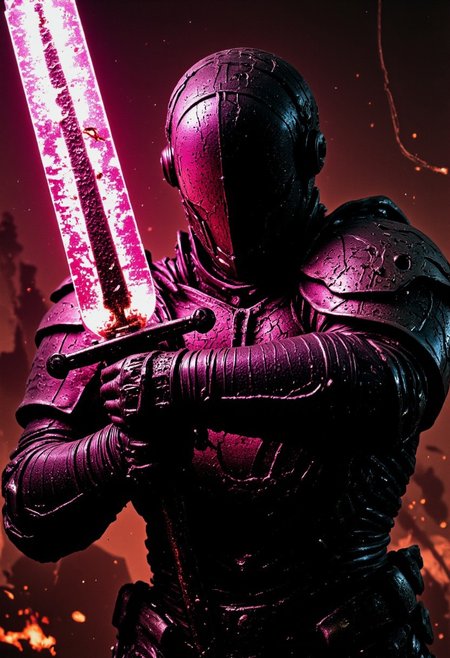 Evil Extreme helmet Closeup of a Action Scene shot of a dark, menacing towering mechanical hkstyle knight in the heat of an intense, action-packed battle, captured with the gritty realism of an old analog camera. The hkstyle knight's intricately designed, battle-worn helmet reflects the eerie magical, ethereal glow of his weapon—a massive, twisted sword. The blade crackles with dark energy, gathering ominously at its tip, where a glowing orb of dark pink-blue and translucent Amber light pulses with immense, destructive power. The energy radiates along the length of the blade, casting a sinister glow that illuminates the knight’s helmet and armor, creating stark contrasts between light and deep shadows.
In his other hand, the knight wields a terrifying shield, adorned with jagged, twisted patterns and a ghastly visage that seems to stare into the souls of his enemies. The shield emanates a sense of foreboding, as if cursed by dark magic, adding to the overall terror of his presence. The glow from the sword throws the intricate details of the shield into sharp relief, casting long shadows that flicker across the Lone Desert scenery battlefield amidst dunes