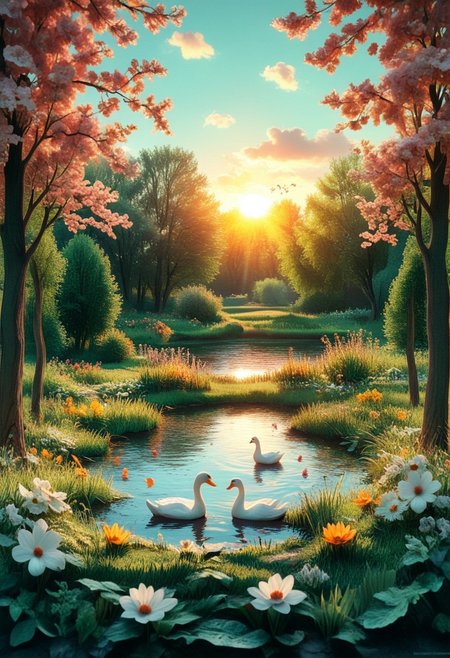 wide landscape view, fantastic HT scene, 
summer. Pond, floating duck and swans, grass and flowers on the bank, bench on the bank, a sunny day, a man and a woman stand on the bank of the pond, holding hands
high contrast, stylized, clear, surreal, ultra quality , 8k, best quality, masterpiece, textural, artistic, midjourneyv6.1, Colorful Chaos Cracks and Drops, surr, psychedelicv2lora, colorful, abstract, psychvibes artstyle, Papercut
