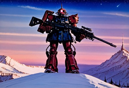 score_9, score_8_up, score_7_up, cowboy shot, side view, BREAK, ( white garma_zaku, grey zaku, pink monoeye, one eye, looking to the side, holding rifle in both hands, ) 1mech, mech focus, solo, walking, BREAK, snow, ice, ice mountains, dark blue violet sky, night time, starry sky, Realistic, Relaxed, Moonlit, beautiful detailed supreme quality color intricate, dynamic dramatic beautiful full taking, contemporary fine detail, highly detail, dynamic background, positive emotional, background curving upwards,
