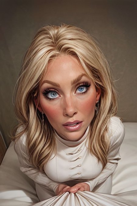 solo,1 girl 35 years old, mature female, milf, blonde hair, long hair, straight hair, blue eyes, black eyebrows, big breast, amazing pert butt, amazing thighs, busty, make up, round earrings, necklace, Portrait, close up,  milfy_mindy, hotmama, looking at the view, detail face, head turned,  white dress decollete, view from above, flirt face