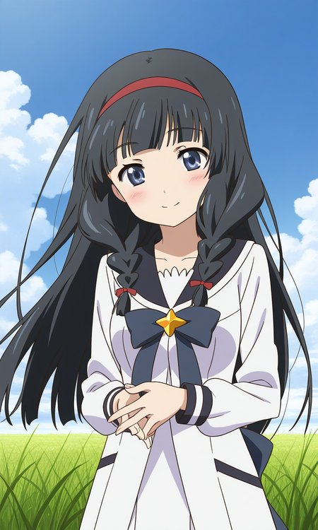 general,highres, ultra-detailed,very aesthetic,best quality ,best hands,  BREAK <lora:Itsuki_Houkago_no_Pleiades_IS:1> BREAK,
Itsuki(Pleiades), 1girl,solo, black hair, long hair, blue eyes, red hairband, twin braids, blunt bangs,breasts, anime coloring, BREAK,
 solo,  school uniform, blush, smile, cloud, sky, serafuku, upper body, long sleeves, cloudy sky, closed mouth, shirt, ribbon
grass, sky,