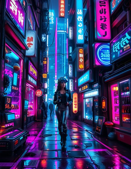 A young woman standing confidently in the middle of a neon-lit cyberpunk street,cyberpunk str33t, dressed in futuristic hacker attire. She is wearing a sleek black leather jacket adorned with glowing blue circuit patterns, a high-tech visor over her eyes displaying scrolling digital data, and fingerless gloves with embedded LED lights. Her pants are form-fitting and metallic, with glowing strips running down the sides, and she has rugged combat boots with neon accents. Her posture is assertive, holding a small, holographic tablet in one hand with glowing data projections hovering above it, while her other hand rests on her hip. Her expression is intense and focused, exuding intelligence and determination. The background features a bustling urban environment with towering skyscrapers covered in vibrant neon signs in various languages, flickering holographic advertisements, and cables crisscrossing above. The ground is wet, reflecting the colorful lights of the city, and faint mist and smoke from nearby vents add depth and atmosphere. The overall mood is futuristic, edgy, and brimming with the energy of a high-tech dystopian world.
<lora:SDXLFaeTastic2400:0.4> <lora:extremely_detailed:0.4> extremely detailed, <lora:cyberpunk_str33t:1>, Masterpiece,best quality,hi res,8k,hi res,8k,award winning,(sharp focus, intricate, highly detailed),
