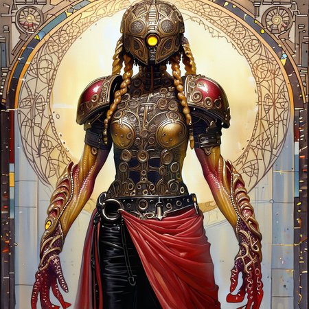 Bionic Woman,1girl, looking at looking at viewer, Heavy  braids, yellow eyes || helmet, o-ring top, red sarong, black shorts, shoulder armor, monster girl, 1girl, monster girl, gradient, colored skin, solo, covered eyes,, ultra detailed, masterpiece, best quality, aesthetic, detailed,
ArsMJStyle, Art Nouveau